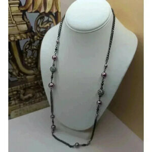 J.Crew Gunmetal Purple Crystal Studded Beads Metal Chain Necklace One Size